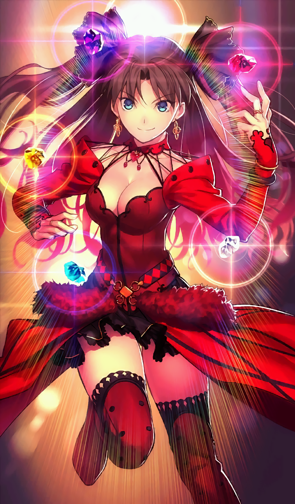 &gt;:) alternate_costume blue_eyes breasts brown_hair cleavage dress earrings fate/grand_order fate/stay_night fate_(series) formalcraft gem highres jewelry koyama_hirokazu long_hair looking_at_viewer medium_breasts official_art resized ribbon ring smile solo thighhighs toosaka_rin two_side_up upscaled v-shaped_eyebrows waifu2x zettai_ryouiki