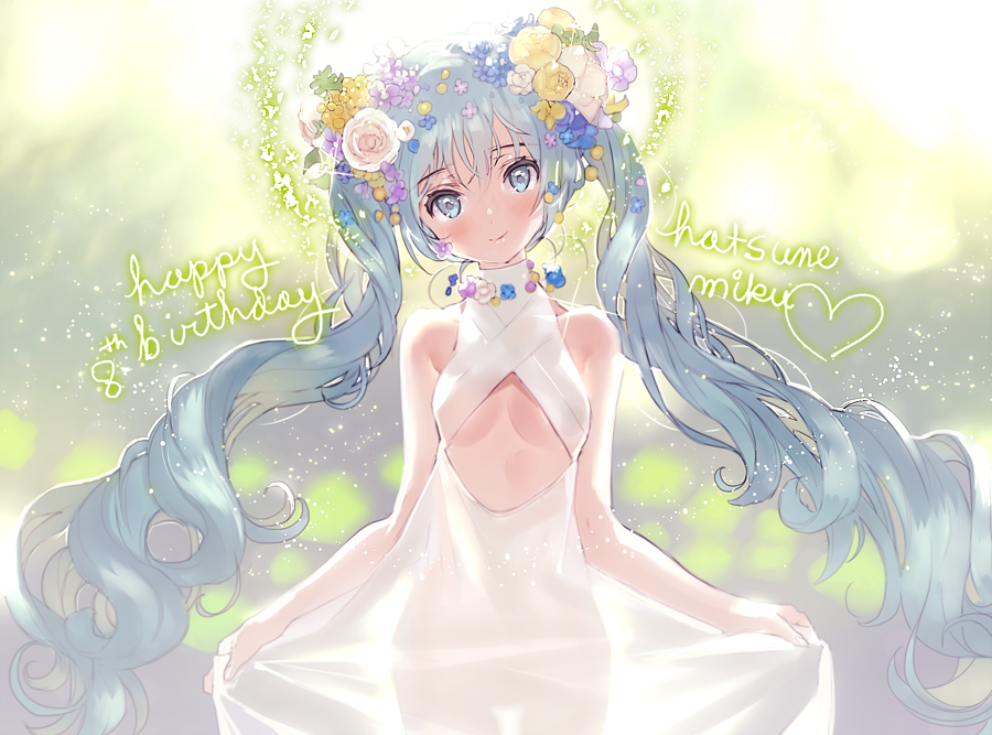 aqua_eyes aqua_hair banned_artist bare_shoulders blush breasts center_opening character_name dress drill_hair flower hair_flower hair_ornament happy_birthday hatsune_miku heart kissai long_hair looking_at_viewer see-through_silhouette small_breasts smile solo sparkle turtleneck twin_drills twintails underboob vocaloid white_dress