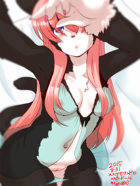 blue_eyes breasts cat ehime_mikan furry gradient gradient_background long_hair nipples open_mouth panties pantyshot pink_hair solo underwear