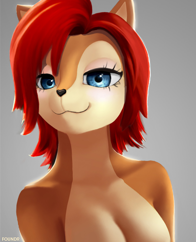 2015 anthro big_breasts blue_eyes breasts chipmunk female foundr fur hair looking_at_viewer mammal nude red_hair rodent sally_acorn smile solo sonic_(series)