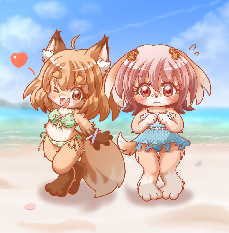 2girls artist_request blush brown_eyes brown_hair cute dog embarrased embarrassed furry long_hair multiple_girls one_eye_closed open_mouth pink_eyes pink_hair short_hair sky summer swimsuit young