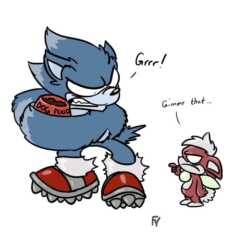 angry blue_fur canine chip_(sonic) clothing collar couple dog dog_food duo emerald food footwear fur growl humor light_gaia mammal nude shoes simple_background sonic_(series) sonic_the_hedgehog sonic_unleashed text werehog white_background