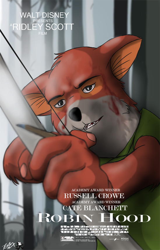 2010 4_fingers archer artist_signature black_eyebrows black_nose blood bow_(weapon) canine crossover digital_media_(artwork) disney english_text felix_tile_the_cat forest fox mammal movie_poster ranged_weapon red_fox relativity_media robin_hood robin_hood_(2010_film) robin_hood_(disney) robin_hood_(ridley_scott) teeth text tree weapon