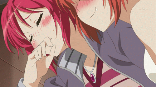 2girls :d animated animated_gif blush brown_hair cousins cthugha_(nyaruko-san) cuune_(nyaruko-san) eyes_closed female haiyore!_nyaruko-san head_out_of_frame incest jacket moaning multiple_girls naughty_face neck necklace open_mouth red_hair saliva siblings smile striped striped_clothes sweat talking upper_body yuri