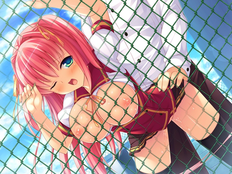 1boy 1girl artist_request black_legwear blush breasts breasts_out breasts_outside character_request clothed_sex from_behind game_cg green_eyes large_breasts long_hair nipples outdoors panties pink_hair public public_sex school_uniform sex sky source_request thighhighs underwear wince