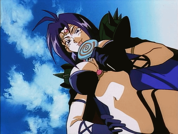90s animated animated_gif bikini breasts candy cape cloud clouds earrings female gloves hand_on_hip jewelry large_breasts licking lollipop looking_down naga_the_serpent navel purple_hair sexually_suggestive sky slayers solo swimsuit tongue tongue_out