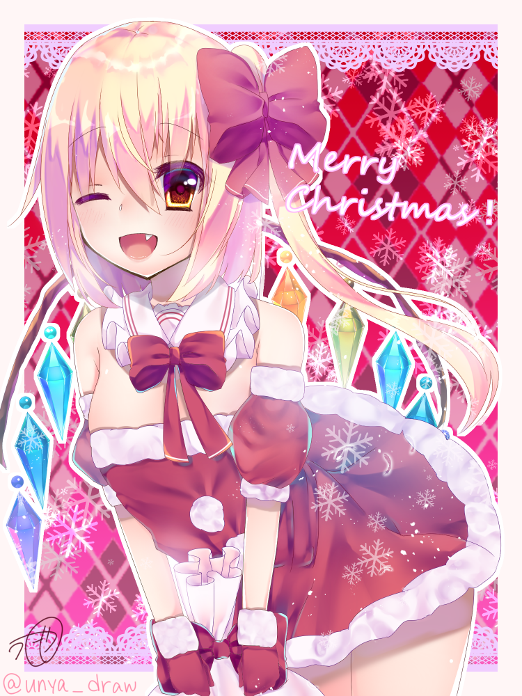 1girl alternate_costume argyle_background artist_name blonde_hair border bow bowtie breasts chisiro_unya_(unya_draw) cowboy_shot crystal dress english_commentary english_text fang flandre_scarlet fur-trimmed_gloves fur_trim gloves hair_between_eyes hair_bow happy leaning_forward looking_at_viewer merry_christmas mixed-language_commentary multicolored_wings no_headwear one_eye_closed one_side_up open_mouth red_background red_bow red_bowtie red_gloves santa_dress small_breasts smile snowflakes solo touhou white_border wings