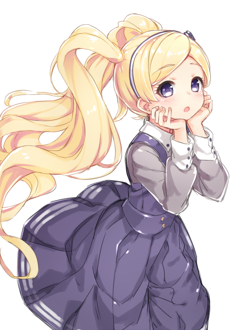 1girl :o blonde_hair blush collar collared_shirt cowboy_shot dot_nose dress emily_stewart eyelashes fluffy_hair hair_ribbon hairband hands_on_own_cheeks hands_on_own_face head_rest idolmaster idolmaster_million_live! idolmaster_million_live!_theater_days kuresuku_(lessons) long_hair long_sleeves looking_at_viewer parted_bangs purple_dress purple_eyes ribbon shirt sidelocks simple_background solo twintails very_long_hair wavy_hair white_background white_collar wind wind_lift