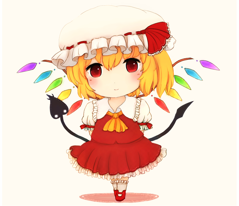 1girl ascot blonde_hair chibi closed_mouth collared_shirt flandre_scarlet frilled_shirt_collar frilled_skirt frilled_socks frills full_body hair_between_eyes hat hat_ribbon head_tilt holding holding_polearm holding_weapon laevatein_(touhou) light_smile looking_at_viewer mary_janes medium_hair multicolored_wings one_side_up polearm red_eyes red_footwear red_ribbon red_skirt red_vest rei_(tonbo0430) ribbon ribbon-trimmed_headwear ribbon_trim shirt shoes simple_background skirt skirt_set sleeve_ribbon socks solo standing touhou vest weapon white_background white_hat white_shirt white_socks wings yellow_ascot