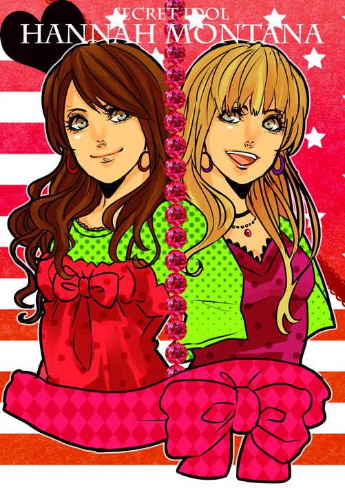 2girls american_flag blonde_hair bow brown_hair closed_mouth commentary_request copyright_name earrings english_text flag_background green_eyes hannah_montana hoop_earrings jewelry miley_stewart multiple_girls open_mouth red_bow smile teeth torihuhu