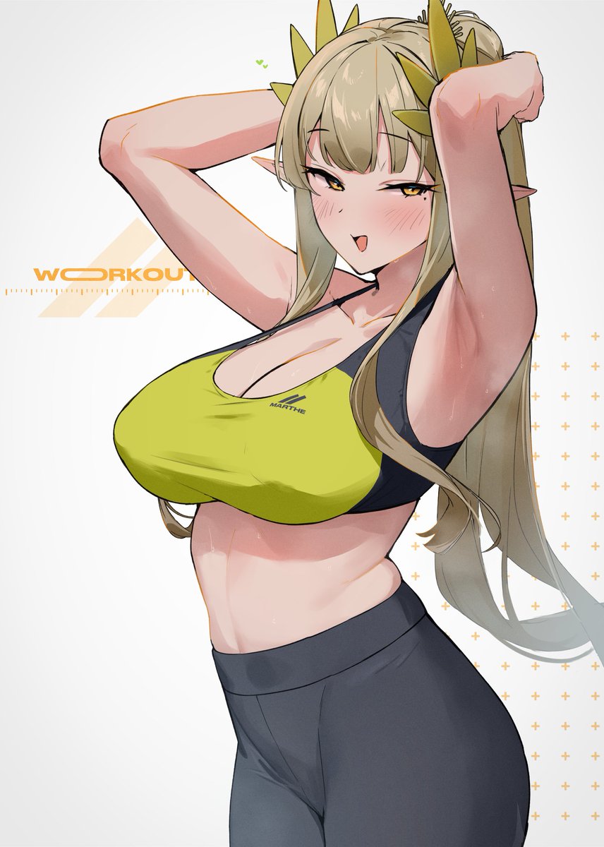 1girl alternate_breast_size arknights armpit_crease armpits arms_up black_pants blush breasts cleavage elf heart highres large_breasts long_hair looking_at_viewer mole mole_under_eye muelsyse_(arknights) naughty_face nitro_(mugityaoisii) open_mouth pants pointy_ears smile solo sports_bra stomach sweat sweaty_armpits yoga_pants