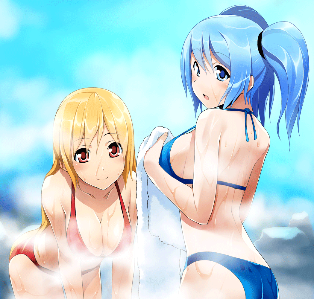 2girls back bent_over bikini blonde_hair blue_eyes blue_hair breasts cosmic_break crimrose crimrose_swm holding holding_towel large_breasts lily_rain lily_rain_swm liquid long_hair looking_at_viewer looking_back multiple_girls official_art open_mouth red_eyes smile string_bikini swimsuit towel twintails wakaba_sprout