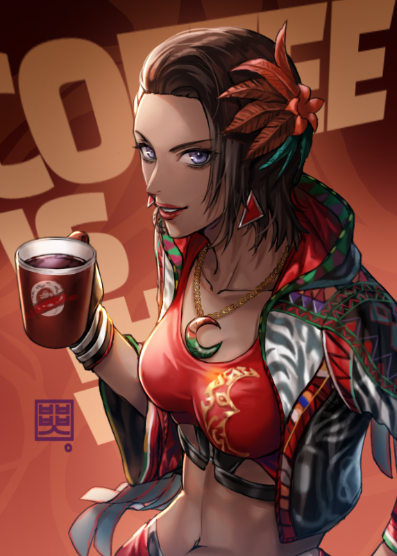 1girl artist_logo azucena_milagros_ortiz_castillo blue_eyes box_(hotpppink) coffee collarbone cowboy_shot crescent cropped_jacket cup holding holding_cup jacket jewelry lips navel necklace pants red_pants smile solo stomach tekken tekken_8