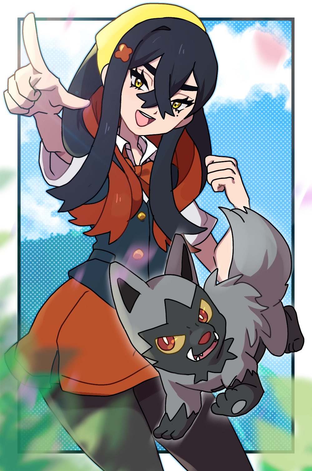 1girl :d alternate_costume black_hair black_pantyhose black_vest buttons carmine_(pokemon) cloud commentary_request crossed_bangs day eyelashes fu_(tk1189227dhy) hair_between_eyes hair_ornament hairband highres long_hair open_mouth outdoors pantyhose pointing pokemon pokemon_(creature) pokemon_sv poochyena shirt short_sleeves sidelocks skirt sky smile teeth tongue upper_teeth_only vest white_shirt yellow_eyes yellow_hairband