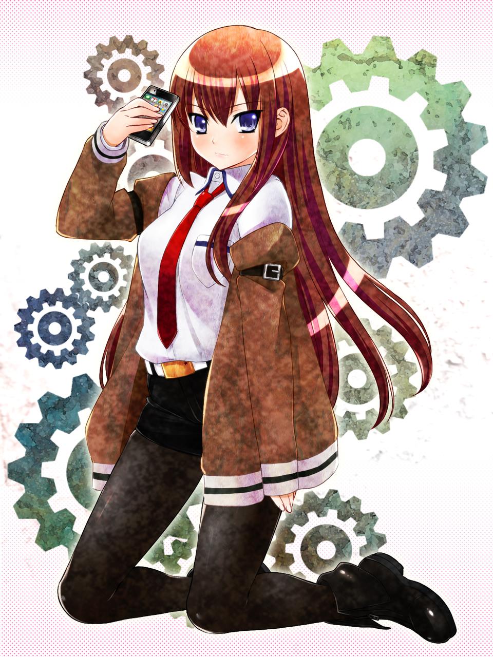 akito_(ao's_club) blue_eyes boots brown_hair cellphone highres iphone long_hair makise_kurisu necktie pantyhose phone product_placement red_hair red_neckwear shirt shorts smartphone solo steins;gate