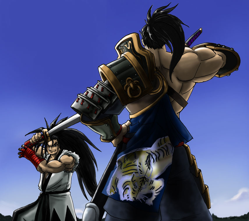 armor back bandages black_hair crossover epic from_behind haoumaru heishiro_mitsurugi japanese_clothes long_hair manly multiple_boys muscle nigtouab ponytail samurai_spirits smirk soulcalibur soulcalibur_iv sword tiger very_long_hair weapon