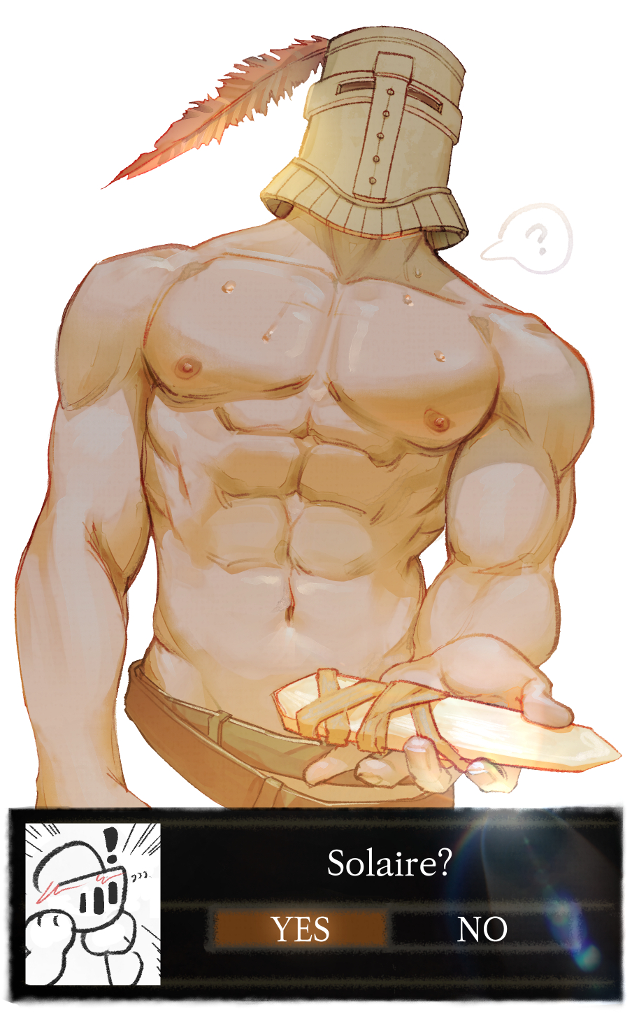 ! 1boy ? abs adam's_apple bara cropped_legs dagger dark_souls_(series) dialogue_options facing_viewer helmet highres incoming_gift knife knight male_focus muscular muscular_male navel nipples parody_request pectorals poyosoftware solaire_of_astora solo spoken_question_mark stomach sweat weapon