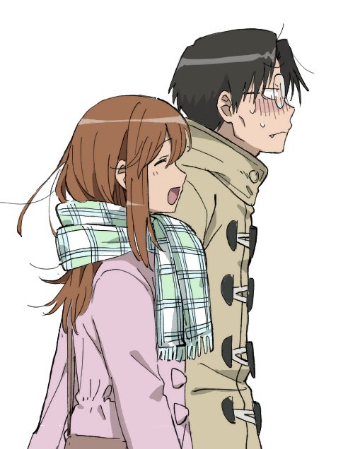 2boys black_hair blush brown_hair crossdressing fang genshiken glasses hato_kenjirou hood jacket long_hair madarame_harunobu male_focus marutei2 multiple_boys open_mouth otaku otoko_no_ko scarf short_hair simple_background