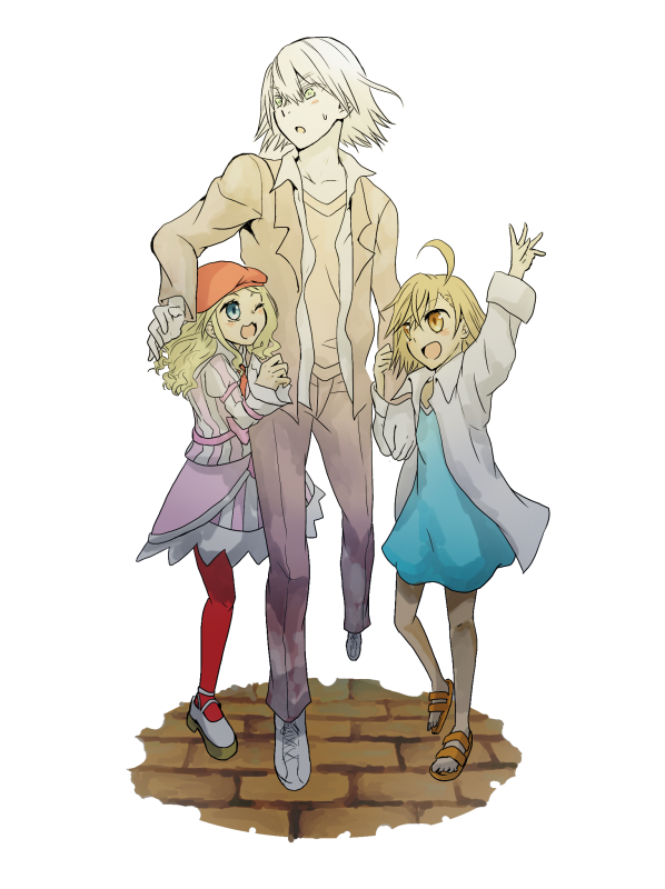 1boy 2girls :3 :d age_difference ahoge arm_up beetle_05_(toaru) beret blonde_hair blue_dress blue_eyes brick_floor brown_eyes brown_hair child collared_shirt colored_skin commentary_request dress fremea_seivelun full_body green_eyes grey_pants grey_shirt happy hat height_difference jacket kakine_teitoku kakine_teitoku_(dark_matter) last_order_(toaru_majutsu_no_index) light_blush light_brown_hair long_hair long_sleeves medium_hair multiple_girls open_clothes open_jacket open_mouth open_shirt orange_footwear oversized_clothes oversized_shirt pants pink_dress roro_(youhukuya) sandals shirt shoes short_dress simple_background smile sweatdrop toaru_majutsu_no_index toaru_majutsu_no_index:_new_testament walking wavy_hair white_background white_footwear white_hair white_shirt white_skin