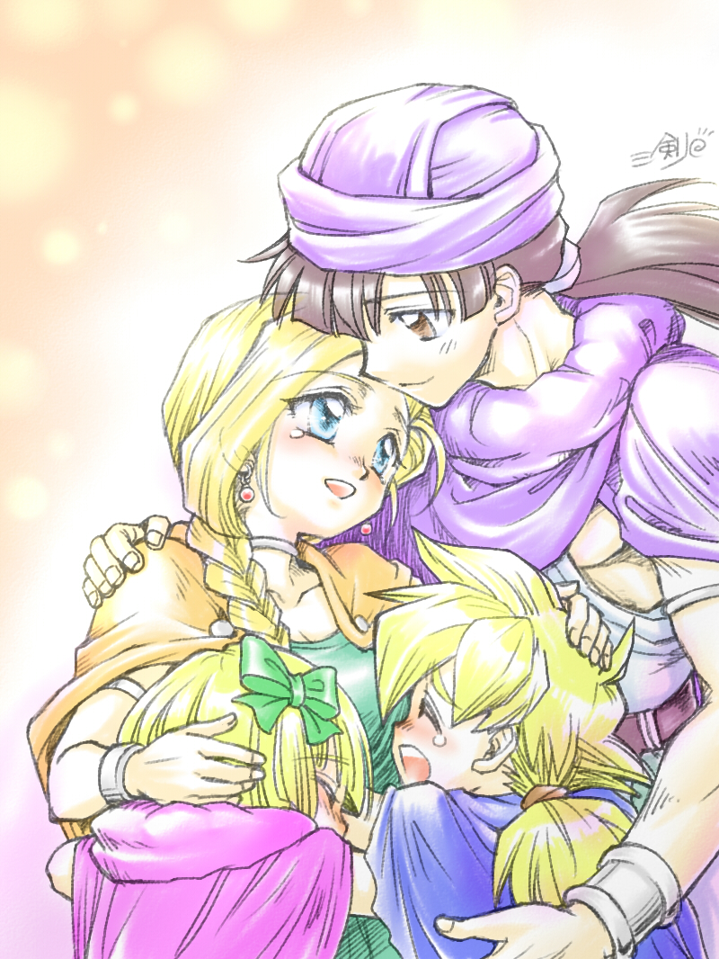 2boys 2girls armlet bianca_(dq5) black_hair blonde_hair blue_cape blue_eyes blush bow bracelet braid cape cloak closed_eyes closed_mouth commentary_request dragon_quest dragon_quest_v dress earrings family father_and_daughter father_and_son green_bow green_dress hair_bow hand_on_another's_head happy_tears hero's_daughter_(dq5) hero's_son_(dq5) hero_(dq5) hug husband_and_wife jewelry long_hair low_ponytail mother_and_daughter mother_and_son multiple_boys multiple_girls neck_ring nyozomi open_mouth orange_cape pink_cape purple_cloak short_hair siblings single_braid smile spiked_hair tears turban twins upper_body white_tunic