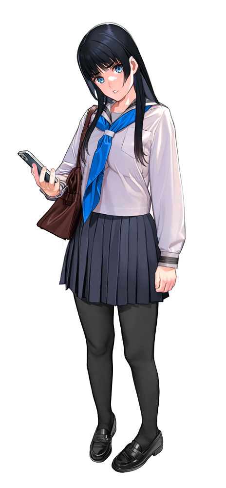 1girl black_footwear black_hair black_pantyhose black_skirt blue_eyes blue_neckerchief breast_pocket cellphone full_body grey_sailor_collar holding holding_phone loafers long_hair long_sleeves mibu_natsuki neckerchief original pantyhose phone pocket sailor_collar school_uniform serafuku shoes simple_background skirt smartphone solo standing white_background