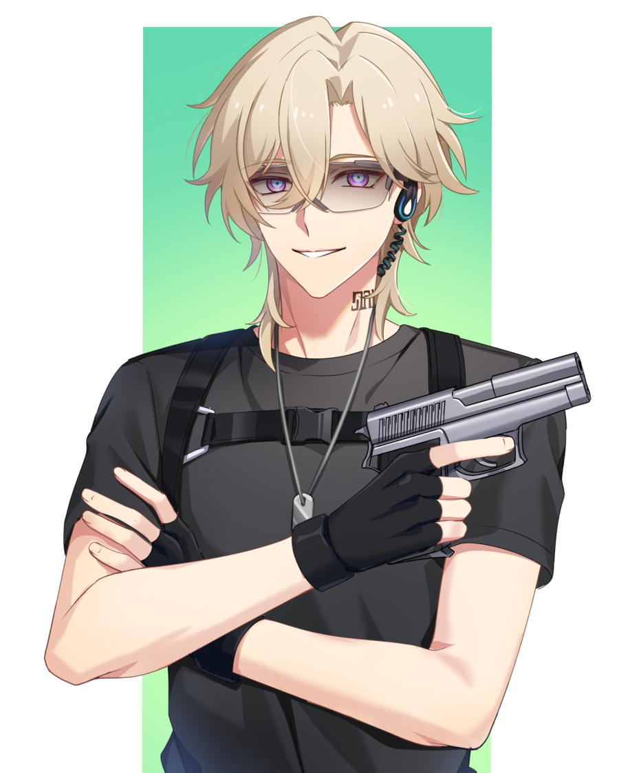 1boy aventurine_(honkai:_star_rail) black_gloves black_shirt blonde_hair fingerless_gloves glasses gloves gun hair_between_eyes holding holding_gun holding_weapon honkai:_star_rail honkai_(series) jewelry jiman looking_at_viewer male_focus pink_eyes shirt short_hair smile solo teeth weapon