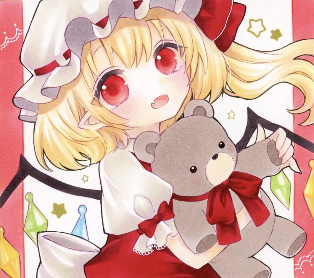 1girl blonde_hair commentary crystal_wings dress fang flandre_scarlet hair_ribbon hat hat_ribbon holding holding_stuffed_toy looking_at_viewer marker_(medium) medium_hair mob_cap open_mouth pinafore_dress pointy_ears puffy_short_sleeves puffy_sleeves red_dress red_eyes red_ribbon ribbon shirt short_sleeves side_ponytail skin_fang sleeve_ribbon sleeveless sleeveless_dress solo stuffed_animal stuffed_toy teddy_bear touhou traditional_media upper_body white_hat white_shirt yuuki_hana_(jtnp5334)