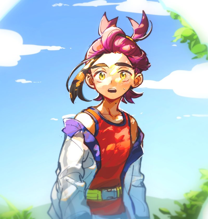 1boy black_hair blue_sky cloud day hi-fi_(fijazzy) jacket kieran_(pokemon) long_sleeves male_focus multicolored_hair off_shoulder open_clothes open_jacket open_mouth outdoors pokemon pokemon_sv purple_hair sky solo sweat tank_top upper_body white_jacket yellow_eyes