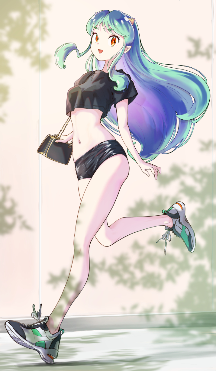 1girl arakan bag black_shirt black_shorts blue_hair cropped_shirt handbag highres long_hair lum micro_shorts midriff navel orange_eyes pointy_ears running shirt shoes shorts sneakers urusei_yatsura