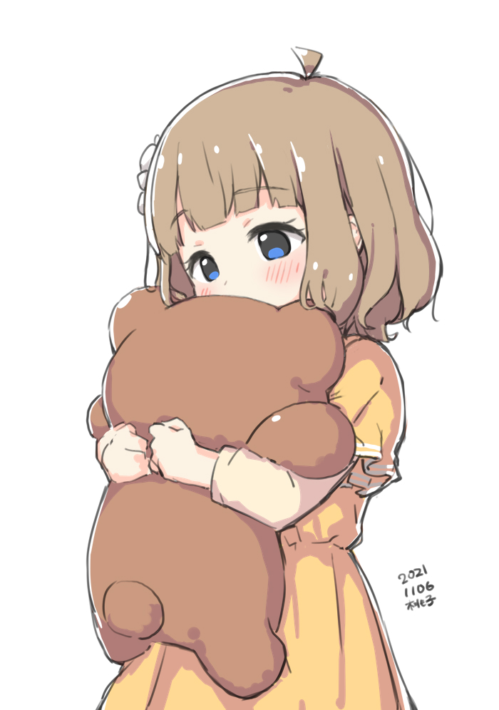 ahoge blue_eyes blunt_bangs blush brown_hair character_name covering_own_mouth dated dress eyelashes flower hair_flower hair_ornament hugging_doll hugging_object idolmaster idolmaster_million_live! idolmaster_million_live!_theater_days kuresuku_(lessons) long_sleeves medium_hair shy simple_background stuffed_animal stuffed_toy suou_momoko teddy_bear upper_body wavy_hair white_background yellow_dress