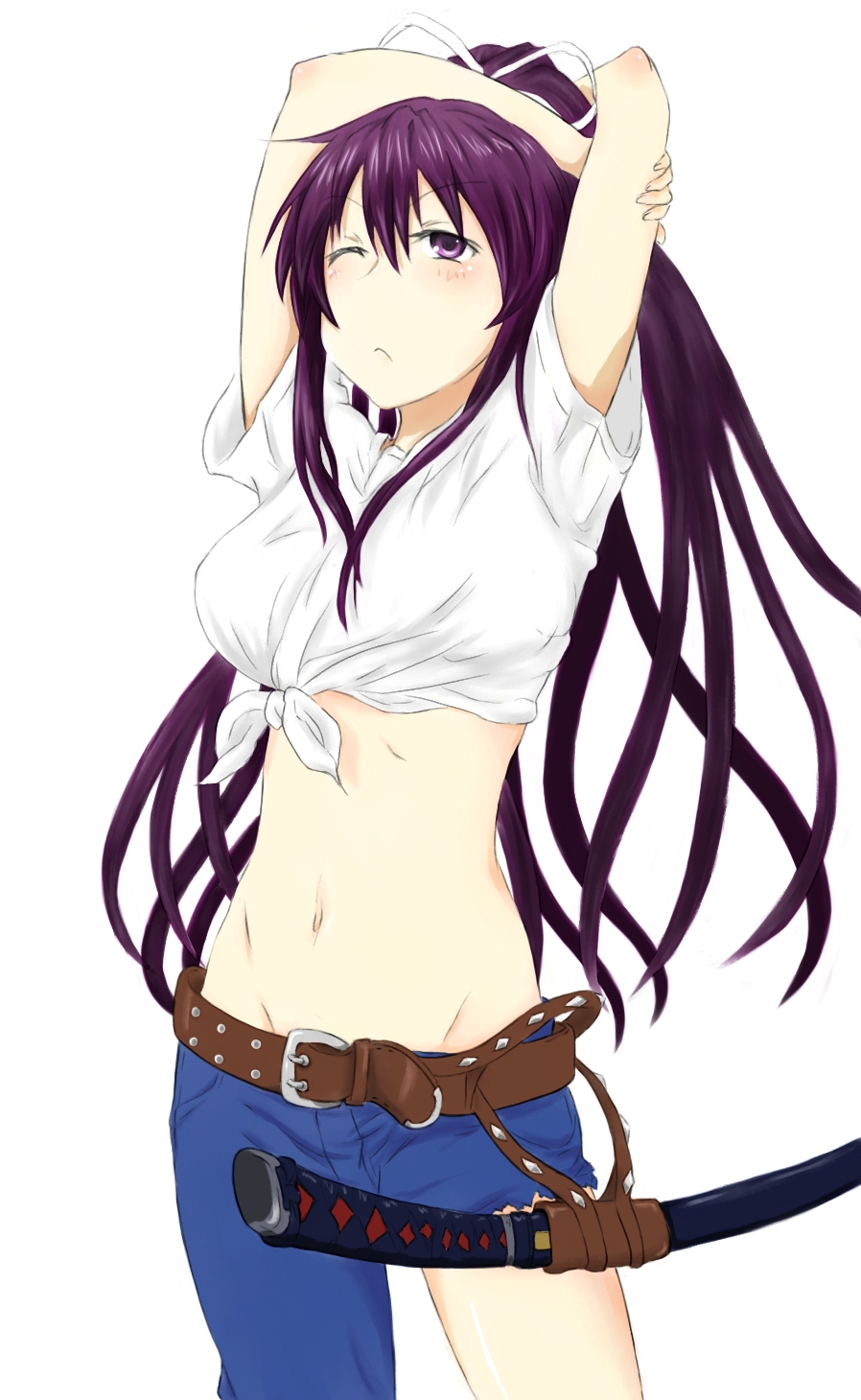 asymmetrical_clothes belt black_hair breasts front-tie_top hair_ribbon highres kanzaki_kaori large_breasts legs long_hair midriff navel oneway_(kaze) ootachi ponytail purple_eyes purple_hair ribbon shirt single_pantsleg solo sword tied_shirt to_aru_majutsu_no_index weapon