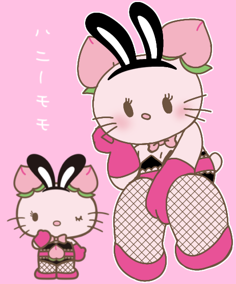 anthro blush bunny_costume clothing costume domestic_cat fake_ears fake_rabbit_ears felid feline felis female fishnet_clothing fishnet_legwear food fruit fur gloves handwear hello_kitty_(series) honeymomo ichigoman_(series) japanese_text legwear mammal peach_(fruit) pink_background pink_body pink_fur plant sanrio shadowk1rby simple_background sitting solo text white_text