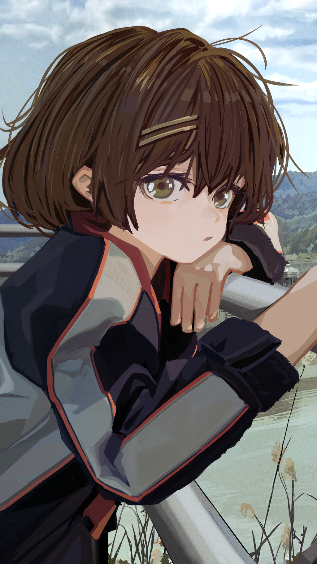 1girl against_railing black_jacket bob_cut brown_eyes brown_hair casual close-up closed_mouth cloud cloudy_sky commentary dot_mouth elbow_rest eyelashes forest from_side grass grey_jacket grey_sky hair_ornament hairclip hand_on_railing head_on_arm head_rest highres jacket looking_at_viewer looking_to_the_side loose_hair_strand messy_hair multicolored_clothes multicolored_jacket nature orange_jacket original outdoors railing river russian_commentary scenery servachok short_hair sky solo tanya_(servachok) upper_body very_long_sleeves