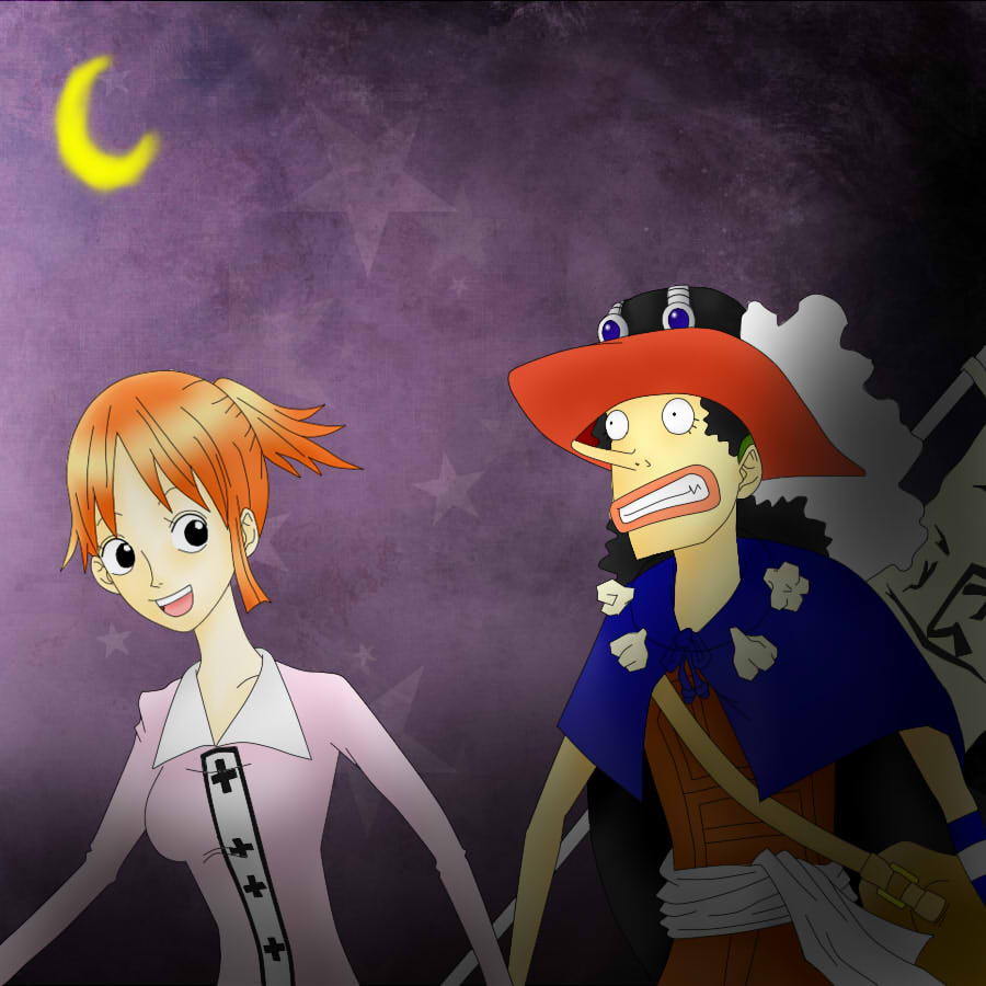 1boy 1girl black_hair breasts garlic goggles grin hat holding_hands long_nose looking_at_another moon nami_(one_piece) nervous night night_sky non-web_source one_piece orange_hair ponytail sidelocks sky smile usopp