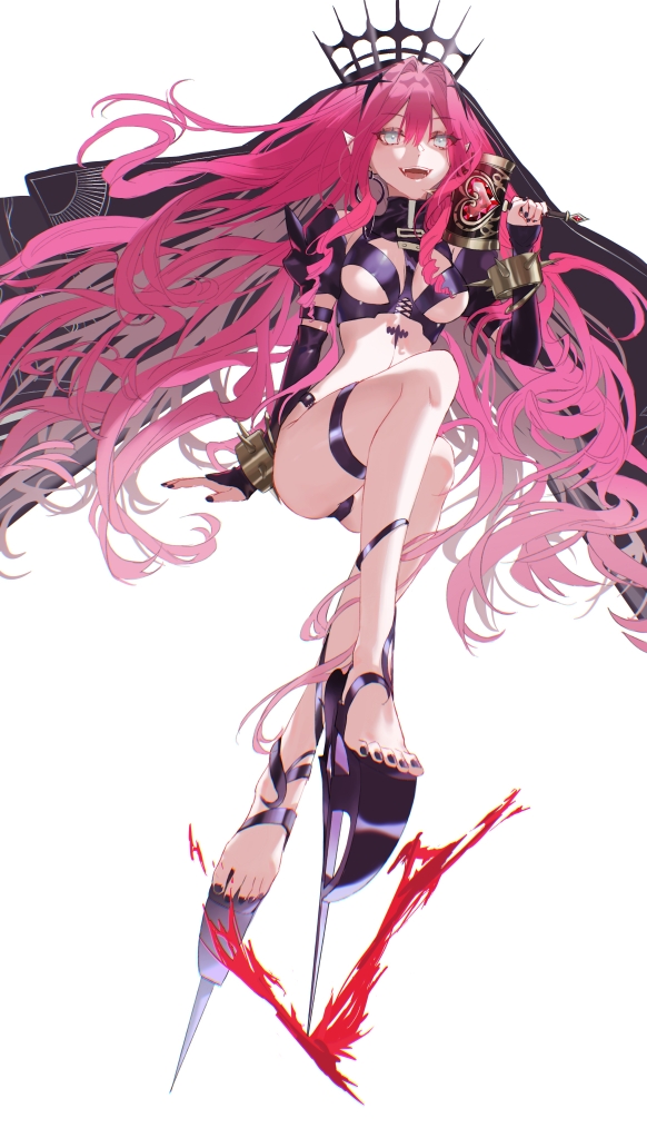 1girl :d baobhan_sith_(fate) baobhan_sith_(second_ascension)_(fate) black_nails black_panties bracelet breasts detached_sleeves earrings fangs fate/grand_order fate_(series) grey_eyes hand_up high_heels hoop_earrings jewelry long_sleeves looking_at_viewer mallet nail_polish navel panties pantyshot pink_hair pointy_ears revealing_clothes sidelocks sitting smile solo spiked_bracelet spikes thighs toenail_polish toenails toes underwear veil white_background yasinna