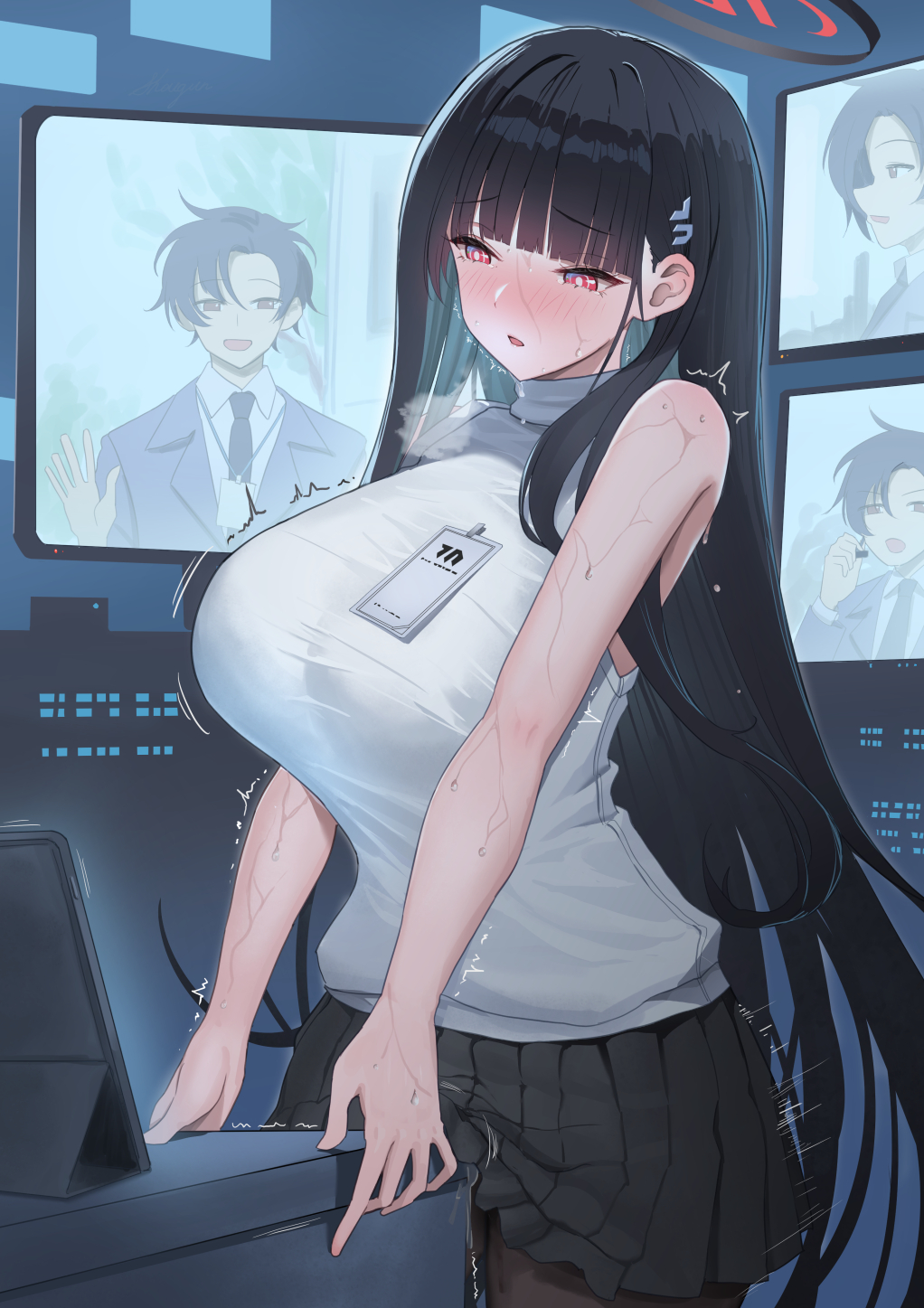 1boy 1girl bare_arms bare_shoulders black_hair black_skirt blue_archive blush breasts breath bright_pupils collared_shirt commentary_request crotch_rub hair_ornament halo highres large_breasts long_hair masturbation necktie pantyhose pleated_skirt red_eyes rio_(blue_archive) sensei_(blue_archive) sensei_(blue_archive_the_animation) shirt shougun_(chuckni1) skirt sleeveless solo_focus sweat table_humping tablet_pc turtleneck white_pupils