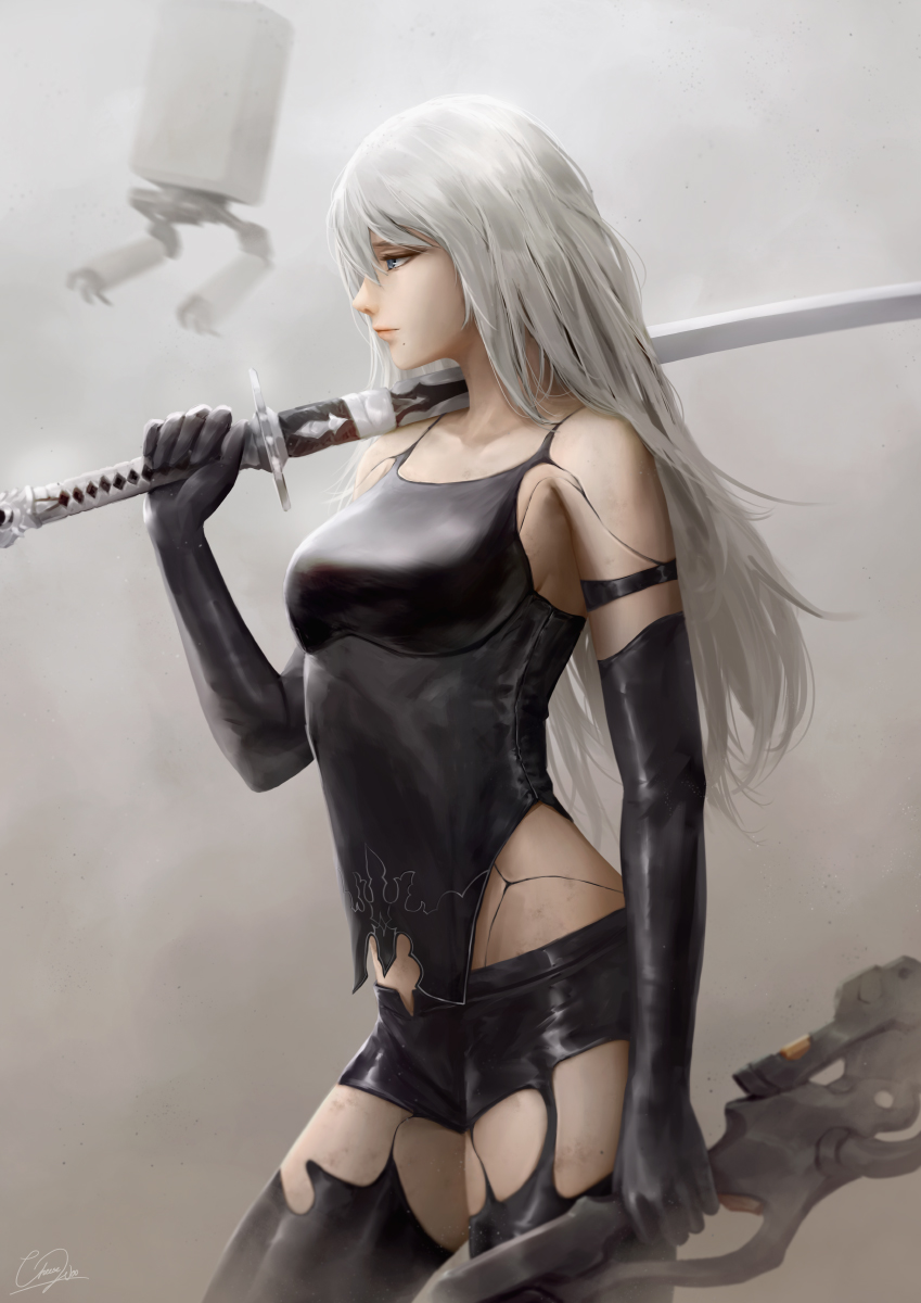 1girl a2_(nier:automata) android armlet bare_shoulders black_gloves black_shorts black_tank_top black_thighhighs blue_eyes breasts cheesewoo collarbone cowboy_shot elbow_gloves from_side gloves highres holding holding_sword holding_weapon joints long_hair nier:automata nier_(series) robot_joints shorts solo sword tank_top thighhighs thighs weapon white_hair