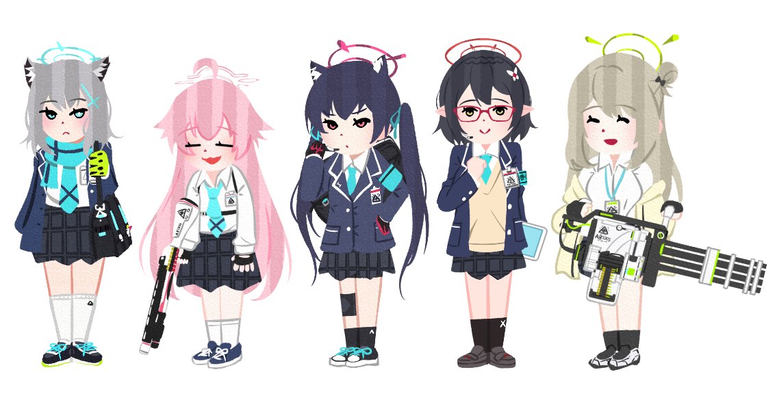 5girls ahoge animal_ear_fluff animal_ears ayane_(blue_archive) beretta_1301 black_hair blue_archive blue_eyes blue_halo blue_necktie blue_scarf blush breasts cat_ears cross cross_hair_ornament extra_ears foreclosure_task_force_(blue_archive) gatling_gun glasses gloves green_gloves green_halo grey_hair hair_ornament hair_ribbon halo hoshino_(blue_archive) id_card inverted_cross irasutoya jacket large_breasts light_brown_hair long_hair long_sleeves looking_at_viewer m134_minigun medium_hair mine_thrower_(ore_no_bakudan) mismatched_pupils multiple_girls necktie nonomi_(blue_archive) open_mouth parody pink_hair pink_halo pointy_ears red-framed_eyewear red_eyes red_halo ribbon scarf school_uniform serika_(blue_archive) shiroko_(blue_archive) shirt short_hair simple_background skirt smile style_parody twintails very_long_hair white_background white_shirt wolf_ears yellow_eyes