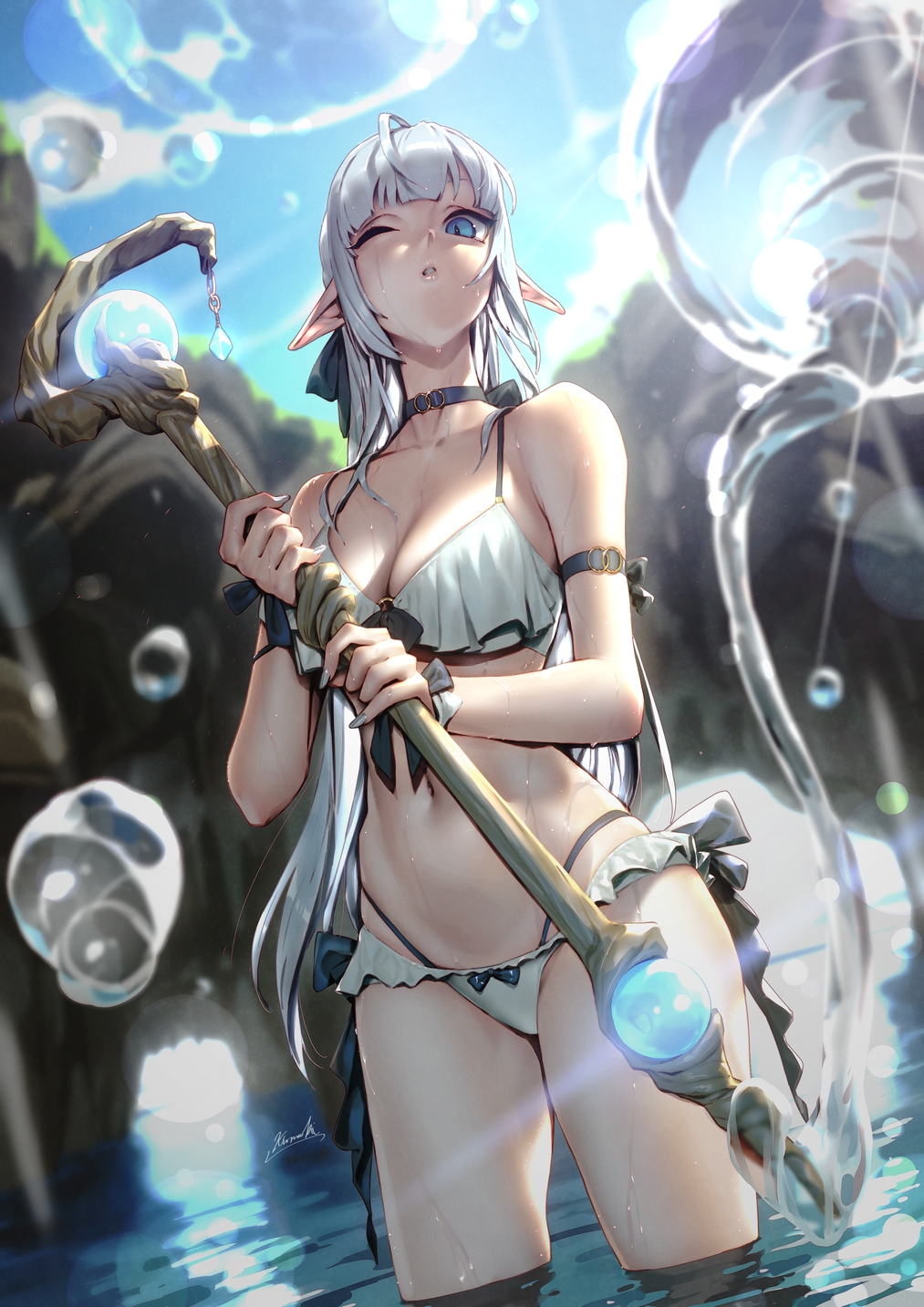 1girl bikini black_choker blue_eyes breasts choker commission day dutch_angle frilled_bikini frills grey_hair highres holding holding_staff kionaoki large_breasts long_hair navel one_eye_closed original outdoors pointy_ears solo staff standing swimsuit water wet