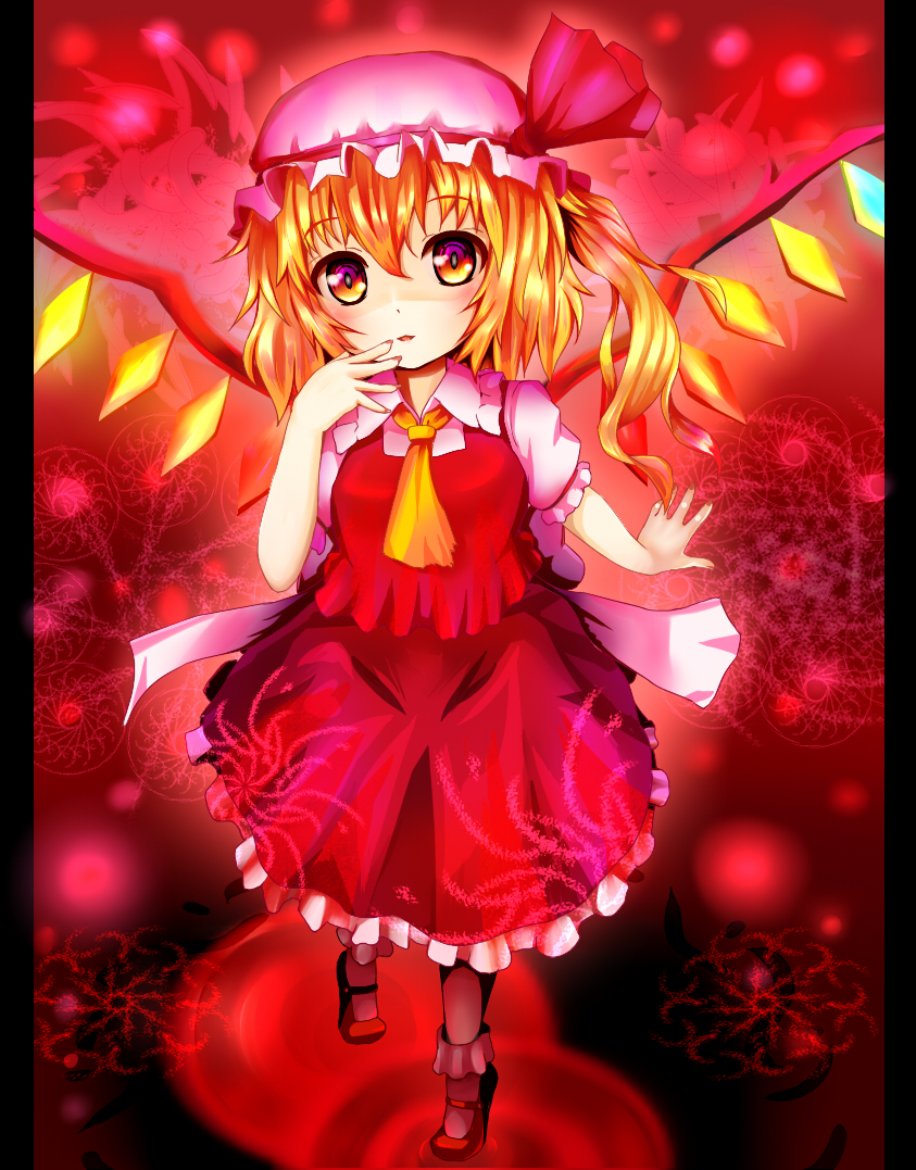 1girl ascot back_bow bobby_socks bow chiroshiron collared_shirt flandre_scarlet frilled_shirt_collar frilled_skirt frilled_sleeves frills hair_between_eyes hat hat_ribbon large_bow long_hair looking_at_viewer mary_janes mob_cap multicolored_wings one_side_up open_mouth puffy_short_sleeves puffy_sleeves red_background red_eyes red_ribbon red_skirt red_theme red_vest ribbon shirt shoes short_sleeves skirt socks solo touhou vest white_shirt wings yellow_ascot