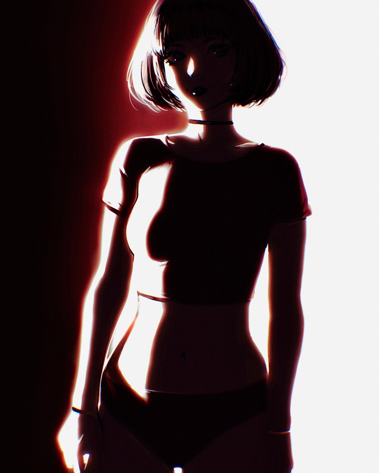 1girl arms_at_sides backlighting black_bag black_choker black_hair black_panties bob_cut bracelet breasts choker closed_mouth collarbone cowboy_shot cropped_shirt gradient_background high_contrast highres ilya_kuvshinov jewelry looking_at_viewer medium_breasts midriff navel no_pants original panties red_background shadow shirt short_hair short_sleeves sidelighting smile solo standing t-shirt thigh_gap underwear white_background white_shirt