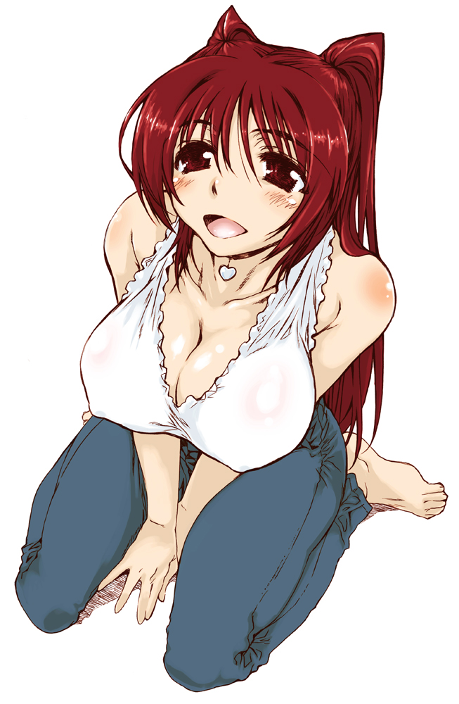 bare_shoulders barefoot blush breasts cleavage denim face feet hands heart jeans kneeling kousaka_tamaki large_breasts long_hair pants red_hair sitting solo to_heart_2 wariza yamaguchi_homupe