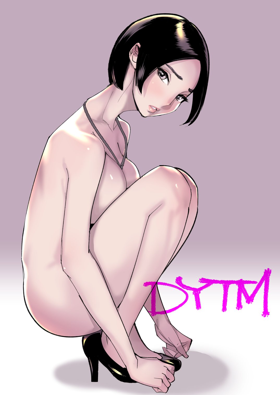 1girl black_footwear black_hair blush breasts completely_nude dytm full_body grey_eyes high_heels highres jewelry large_breasts looking_at_viewer necklace nude original parted_lips short_hair solo squatting