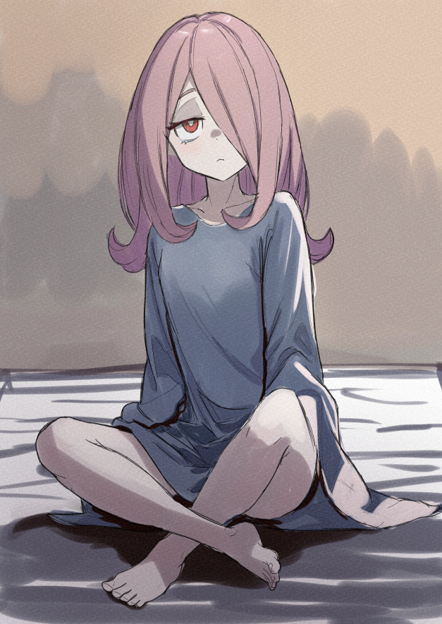 1girl breasts bright_pupils domdom hair_between_eyes hair_over_one_eye little_witch_academia long_hair on_bed oversized_clothes oversized_shirt pajamas pink_hair red_eyes shirt simple_background sketch small_breasts sucy_manbavaran white_pupils