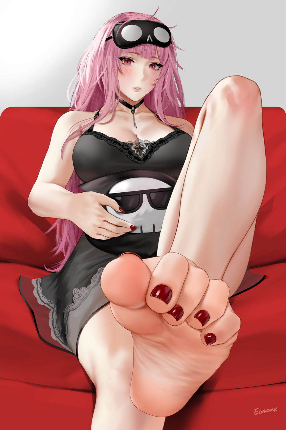 1girl artist_name bare_legs bare_shoulders barefoot black_choker black_mask black_nightgown blunt_bangs blush breasts choker cleavage collarbone death-sensei_(mori_calliope) easonx english_commentary feet foot_focus foreshortening highres holding hololive hololive_english knee_up large_breasts long_hair looking_at_viewer mask mask_on_head messy_hair mori_calliope mori_calliope_(sleepwear) nail_polish nightgown official_alternate_costume parted_lips pink_eyes pink_hair presenting_foot red_eyes red_nails sitting skull_choker sleep_mask sleepwear soles solo toe_scrunch toenail_polish toenails toes virtual_youtuber