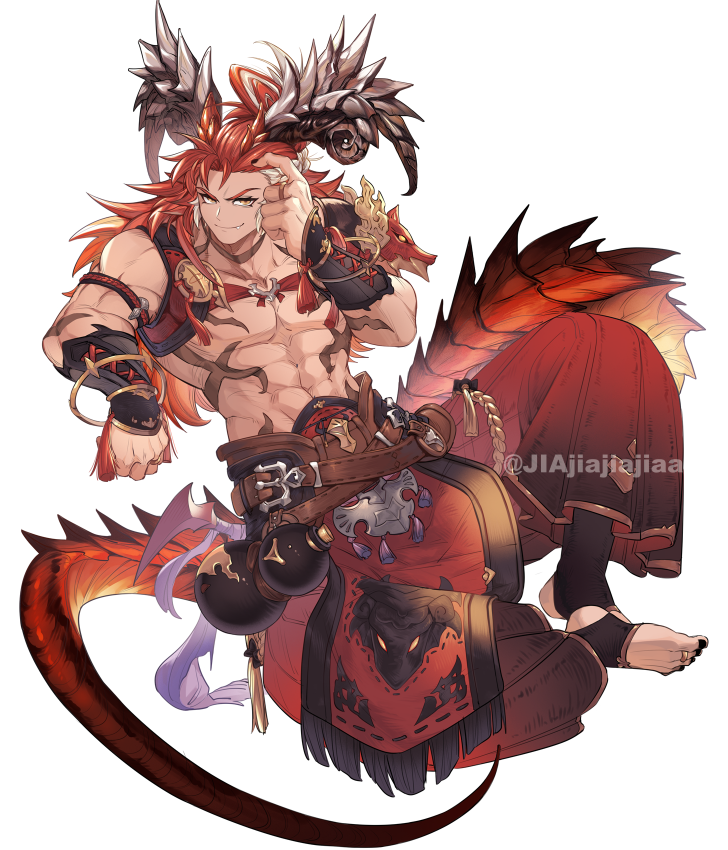 1boy black_nails body_markings dragon_tail gourd granblue_fantasy jiajiajiajiaa large_pectorals male_focus multicolored_hair muscular muscular_male pectorals red_eyes red_hair smile tail wilnas_(granblue_fantasy)