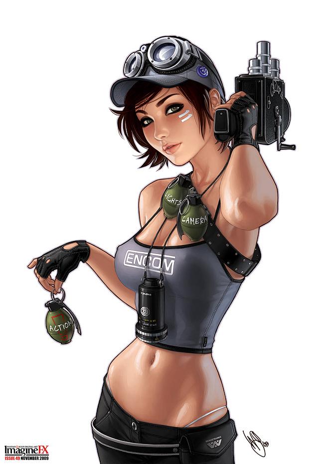 2009 alien_(movie) aliens baseball_cap becky_(imaginefx) belt_pouch breasts brown_hair camera camisole clothes_writing covered_nipples encom explosive fingerless_gloves gloves goggles goggles_on_head grenade hat imaginefx lips looking_at_viewer medium_breasts midriff movie_camera navel november ocp panties parted_lips pouch realistic robocop shiny shiny_skin short_hair signature simple_background skindentation solo strap_gap tattoo tron underwear warren_louw weyland-yutani