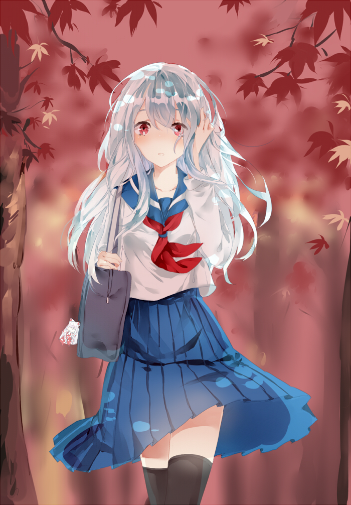 1girl autumn autumn_leaves bag black_thighhighs blue_hair blue_sailor_collar blue_skirt blush charm_(object) cowboy_shot fujiwara_no_mokou holding holding_bag huang_bao_b kamishirasawa_keine long_hair looking_at_viewer medium_skirt neckerchief pleated_skirt red_eyes red_neckerchief sailor_collar school_bag school_uniform serafuku shirt skirt solo thighhighs touhou tree walking white_shirt zettai_ryouiki