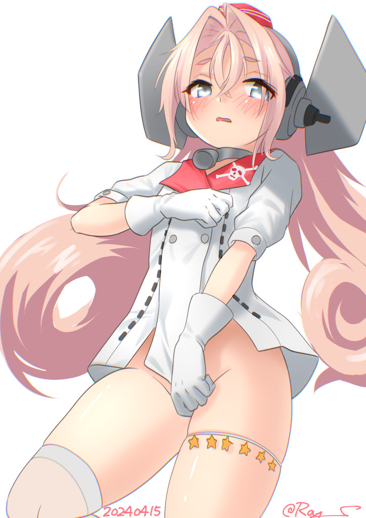 1girl bell coat collar covering_crotch covering_privates cowboy_shot drum_(kancolle) garrison_cap gloves hair_rings hat headgear kantai_collection long_hair metal_collar neck_bell no_panties no_swimsuit one-hour_drawing_challenge open_mouth pink_hair ray.s red_hat simple_background skull_print solo star_ornament white_background white_coat white_gloves