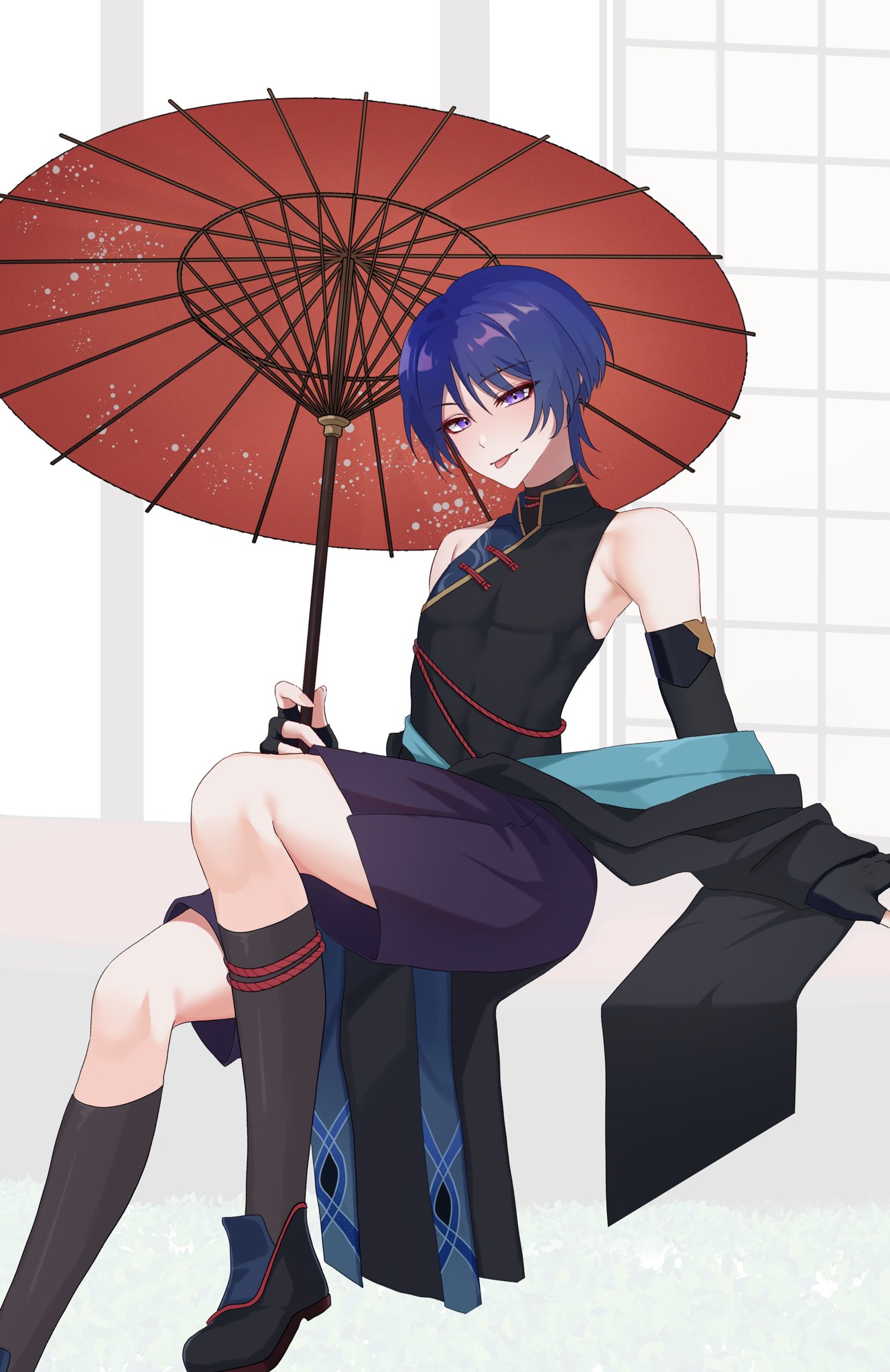 1boy arm_support armpits bare_shoulders bishounen black_footwear black_gloves black_socks blue_hair chobonu fingerless_gloves foot_out_of_frame genshin_impact gloves gold_trim hakama hakama_shorts highres holding holding_umbrella japanese_clothes legs looking_at_viewer male_focus off_shoulder oil-paper_umbrella purple_eyes scaramouche_(genshin_impact) shirt short_hair shorts sidelocks sitting sleeveless sleeveless_shirt socks solo tongue tongue_out umbrella wanderer_(genshin_impact)